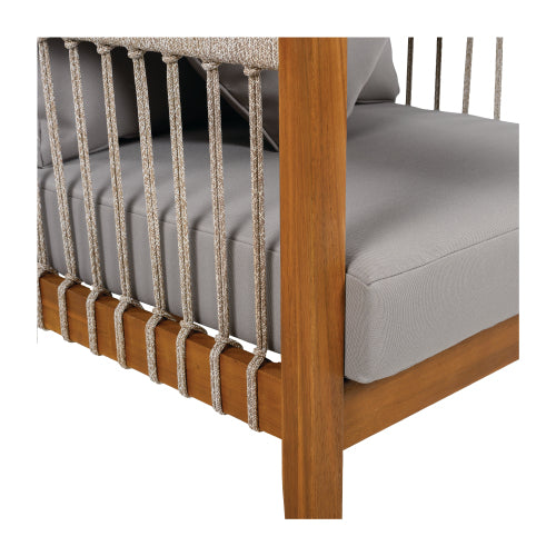 Acacia Wood Outdoor Club Chair with Handwoven Rope Accents & Curved Backrest - Water-Resistant Boho Patio Lounge Chair with Removable Cushions for Porch, Garden