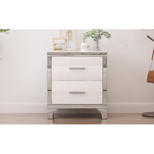 Elegant High Gloss Nightstand with Metal Handle,Mirrored Bedside Table with 2 Drawers for Bedroom,Living Room,White