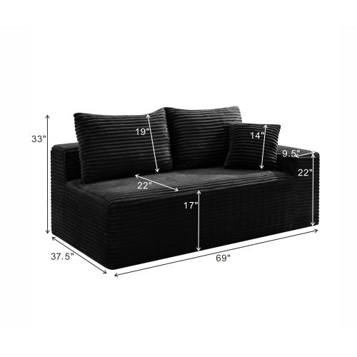 Black Corduroy Leg-Free Floor-Hugging Compressed Armless 2-Seater Loveseat Sofa for Small Apartment Living-Room