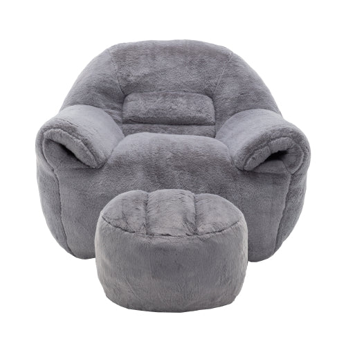 Grey Faux-Fur Bean-Bag Sofa Chair with Backrest & Footstool