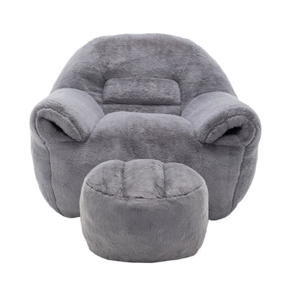 Grey Faux-Fur Bean-Bag Sofa Chair with Backrest & Footstool