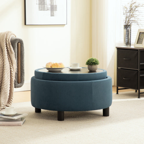29.33 inch Blue Fleece Round Storage Ottoman, Hand Buckle Decor Reversible Lid Footstool, 300 LBS