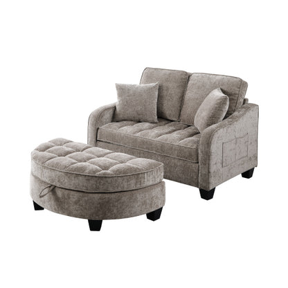 Brown 2-Seater Irregular Curved Sofa Chaise, Storage Footrest,2 Throw Pillows