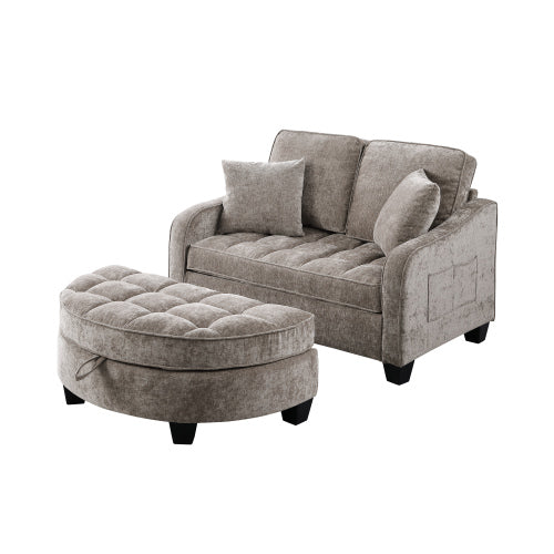 Brown 2-Seater Irregular-Shape Sofa Chaise, Storage Footrest, 2 Throw Pillows
