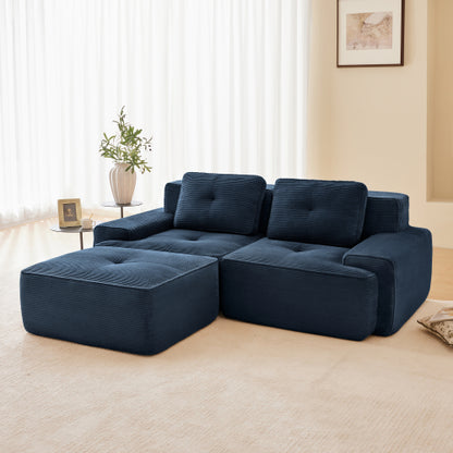 82 inch  Blue Corduroy L-Shape Modular Sofa, Movable Ottoman, No Assembly