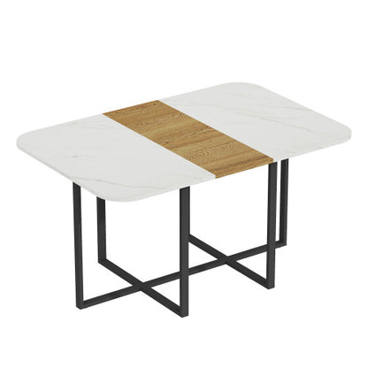 Modern Dining Table for 4-6 with Faux Marble Top and Walnut Accent