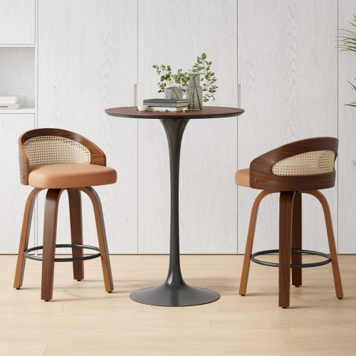 Swivel Bar Stools Set of 2, Modern Wood Frame with Rattan Back, PU Leather Stool for Kitchen Counter, Mid Century Upholstered Barstools with Footrest,Industrial Counter Height Stools
