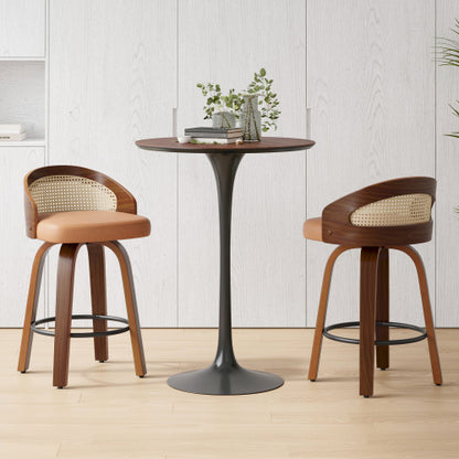 Swivel Bar Stools Set of 2, Modern Wood Frame with Rattan Back, PU Leather Stool for Kitchen Counter, Mid Century Upholstered Barstools with Footrest,Industrial Counter Height Stools