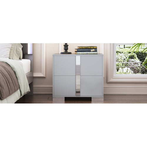 Elegant Nightstand with Metal Foot, Mirrored Bedside Table with 2 Drawers for Bedroom, Living Room, Gray