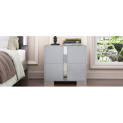 Elegant Nightstand with Metal Foot, Mirrored Bedside Table with 2 Drawers for Bedroom, Living Room, Gray