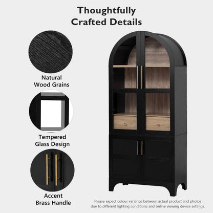 71inch  Arched Farmhouse Pantry Cabinet with Glass Doors Black