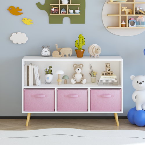 Kids Bookcase with Fabric Drawers and Toy Storage Organizer, White/Pink