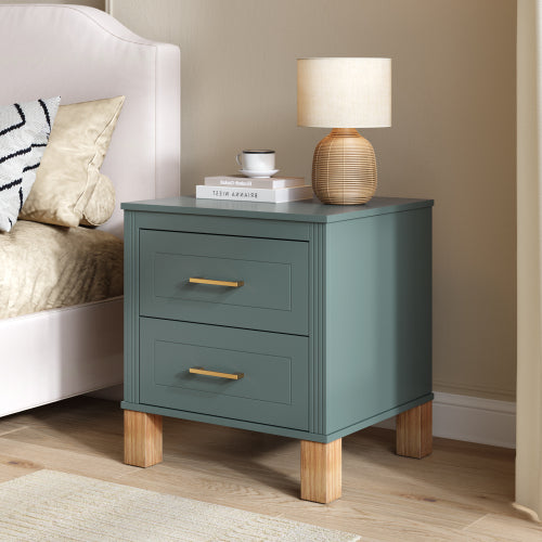 Blue Fluted Nightstand, 2-Drawer Bedside Table with Metal Handles & Solid Wood Legs