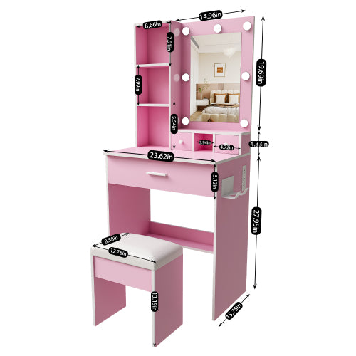 Pink Compact LED Vanity Table Set, Power Outlet, Hairdryer Holder, Drawers & Upholstered Stool