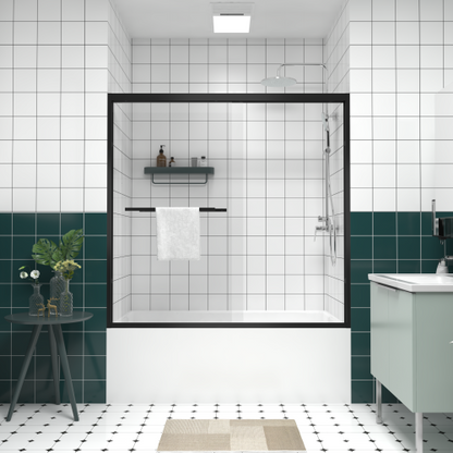 56-60"x58" Aluminum Frame Double Sliding Bathtub Screen,Bypass Bathroom Sliding Door with Premium 1/4" (6mm) Clear Tempered Glass, Black Hardware Sliding Glass Shower Enclosure,Matte Black Finished