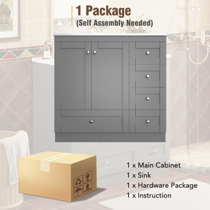 36 inch Shaker Style Free-Standing Bathroom Vanity Cabinet with Ceramic Sink, 4 Soft-close Drawers and 2 Soft-close doors