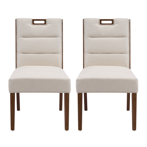 Upholstered Armless Dining Chairs Set of 2, Beige Fabric, Walnut Rubber Wood Frame