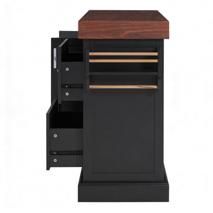 53 Inch Rolling Kitchen Island with Thick Top Drawers & Spice Rack Black