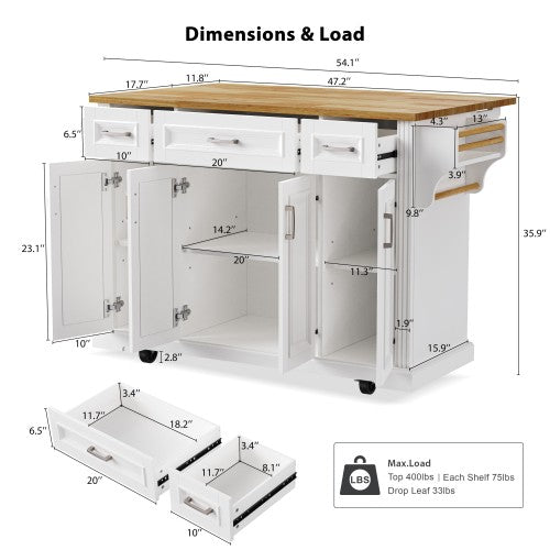 54 Inch Rolling Kitchen Island with Drop Leaf Drawers & Wheels White