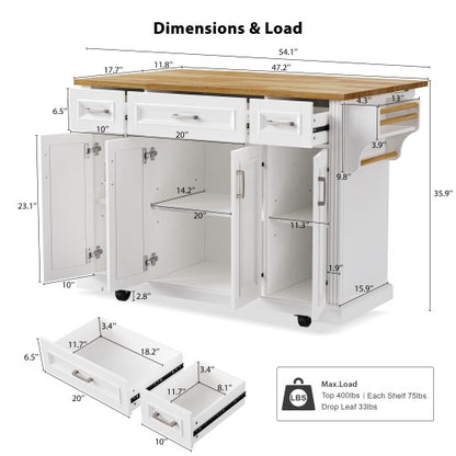 54 Inch Rolling Kitchen Island with Drop Leaf Drawers & Wheels White