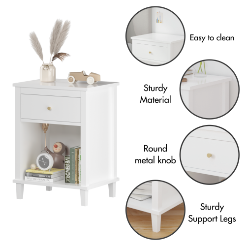 26.77''H Wooden Nightstand with One Drawer One Shelf for Kids, Adults, White+Golden handle