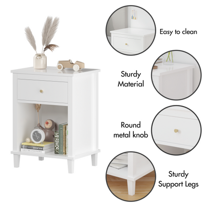 26.77''H Wooden Nightstand with One Drawer One Shelf for Kids, Adults, White+Golden handle