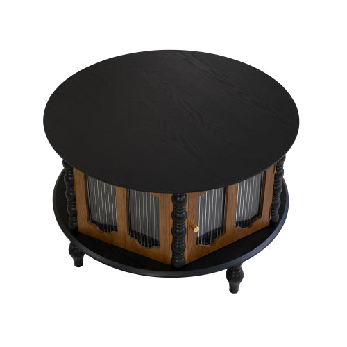 31.5inch  Black & Walnut Vintage Storage Coffee Table with Glass Doors