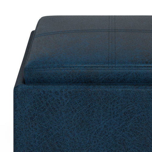 17 Inch Storage Ottoman with Tray Dark Blue Vegan Leather Cube