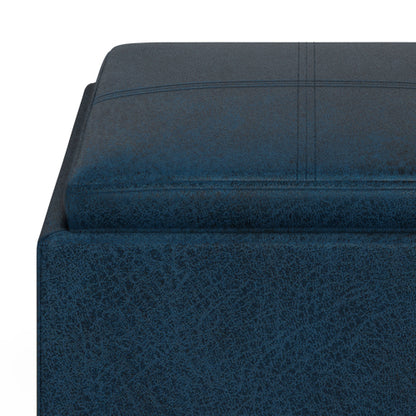 17 Inch Storage Ottoman with Tray Dark Blue Vegan Leather Cube