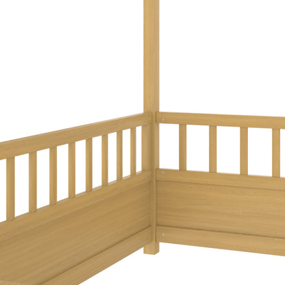Twin Size Floor Wooden Bed with House Roof Frame, Fence Guardrails,(Twin,Natural)