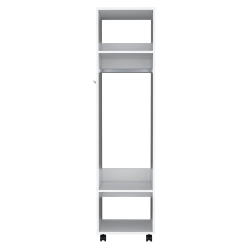 Armoire 63"H, with 3 Shelves, 1 Mirror, and 4 Wheels, White