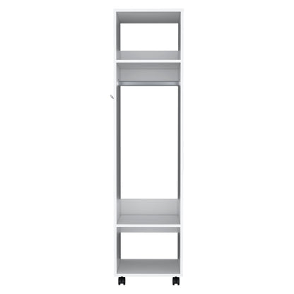 Armoire 63"H, with 3 Shelves, 1 Mirror, and 4 Wheels, White