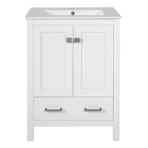 24-inch bathroom vanity with integrated undermount basin and a storage cabinet featuring 2 doors and 1 drawer. Includes double-layer door shelf, soft-close design, and versatile storage solutions
