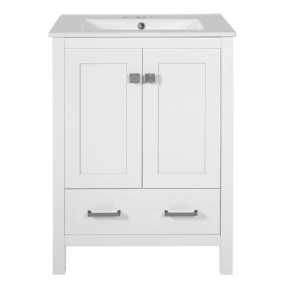 24-inch bathroom vanity with integrated undermount basin and a storage cabinet featuring 2 doors and 1 drawer. Includes double-layer door shelf, soft-close design, and versatile storage solutions