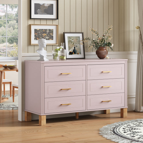 Pink 6-Drawer Solid Wood Frame Modern Bedroom Storage Dresser