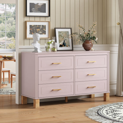 Pink 6-Drawer Solid Wood Frame Modern Bedroom Storage Dresser