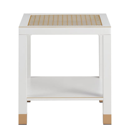 Modern Glass End Table with Metal Frame, 2-Tier Square Side Table for Living Room Bedroom Office, White