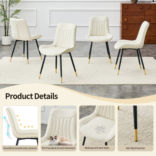 Set of 2 White Leathaire Tech Fabric Dining Chairs, Black Semi-Gloss Metal Leg Gold Trim Adjustable Non-Slip Feet Vertical Stitch High Back