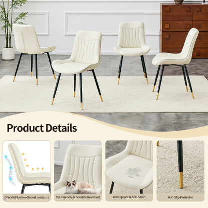 Set of 2 White Leathaire Tech Fabric Dining Chairs, Black Semi-Gloss Metal Leg Gold Trim Adjustable Non-Slip Feet Vertical Stitch High Back