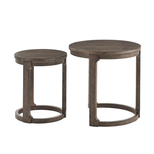 2PCS Solid Wood Round Side Table Set Mid Century Nesting Coffee Table Brown
