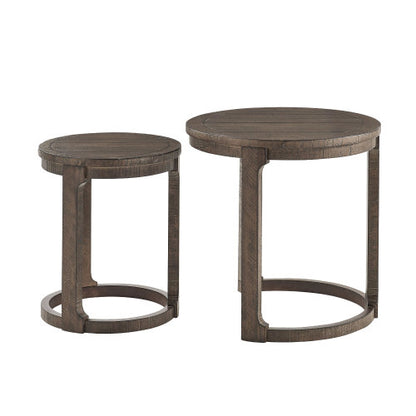 2PCS Solid Wood Round Side Table Set Mid Century Nesting Coffee Table Brown