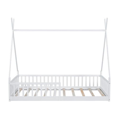 Twin Size Wood House Bed with Fence, White