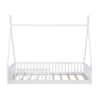 Twin Size Wood House Bed with Fence, White