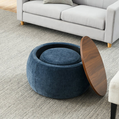 Dark Blue Round Pleated Fabric Storage Ottoman, Includes Matching Small Stool, 250 LBS Load Capacity, 25 inch x25 inch x14.7 inch
