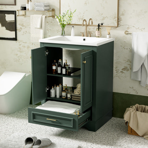 24'' Bathroom Vanity with Ceramic Sink Combo, Modern Freestanding Storage Cabinet with Silver Handles, Soft Closing Doors
