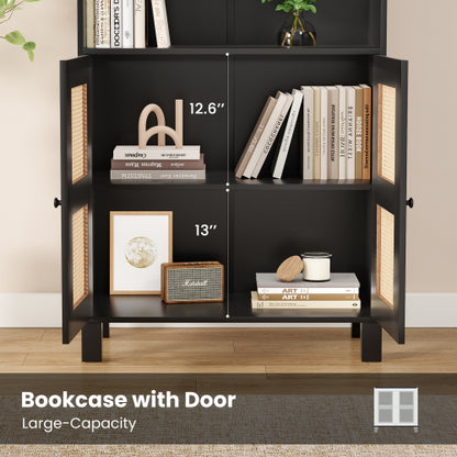 Tall Bookcase with Rattan Doors, 5-Tier Wood Storage Shelf, Black
