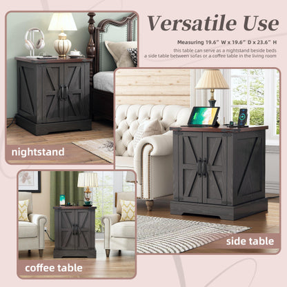 Farmhouse End Table with Charging Station, Rustic Nightstand with Barn Doors and Adjustable Shelf, Walnut Top Grey Cabinet