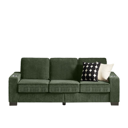 Green 83.86-Inch Modern Compressed 3-Seater Corduroy Sofa with Cup-Holders Removable-Washable Cushions