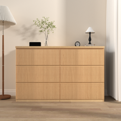 6 Drawer Storage Cabinet ,Dresser, Wood Storage Tower Clothes Organizer with Wavy drawer panel, Wide Chest of 6 Drawers, Large Storage Space for Bedroom, Hallway, Entryway Living Room Natural