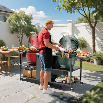Outdoor Grill Cart for Two Big Green Egg, Metal Grill Table Compatible with Large Big Green Egg,Kamado Joe 18 Inch,and other similar models
